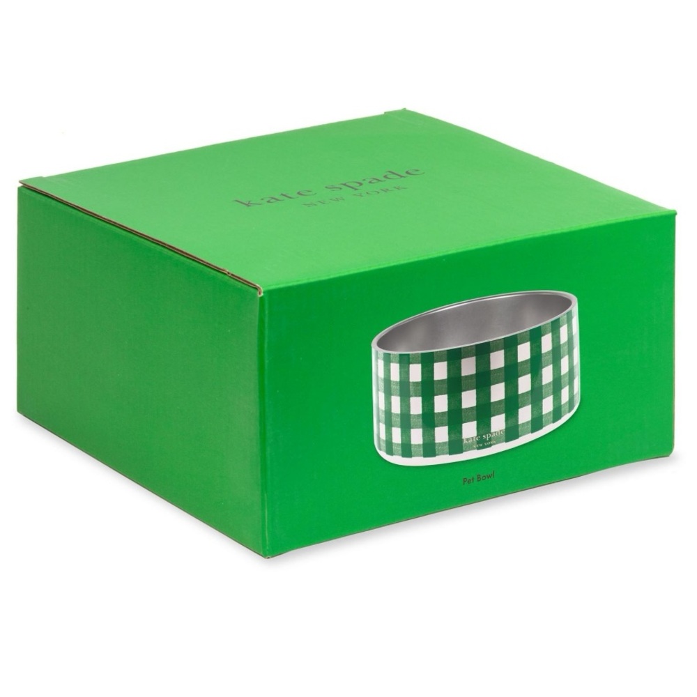 Kate Spade Large Stainless Steel Dog Bowl - Green Gingham Pet Bowl NEW